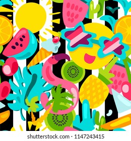 Vector Tropical Summer Seamless Pattern in doodle style with shape. Fruits and berries. Girl fashion sweet ornament design. Nice cartoon background. Fun wrap