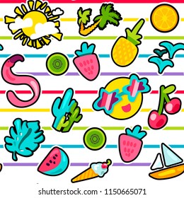 Vector Tropical Summer Seamless Pattern in doodle style with shape. Fruits and berries. Girl fashion sweet ornament design. Nice cartoon background. Fun wrap