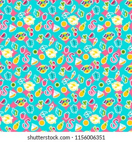 Vector Tropical Summer Seamless Pattern in doodle style with shape. Fruits and berries. Girl fashion sweet ornament design. Nice cartoon background. Fun wrap