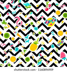 Vector Tropical Summer Seamless Pattern in doodle style with shape. Fruits and berries. Girl fashion sweet ornament design. Nice cartoon background. Fun wrap