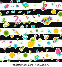 Vector Tropical Summer Seamless Pattern in doodle style with shape. Fruits and berries. Girl fashion sweet ornament design. Nice cartoon background. Fun wrap