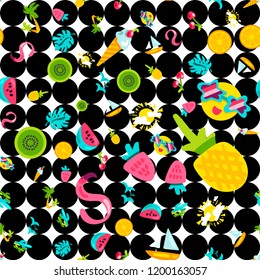 Vector Tropical Summer Seamless Pattern in doodle style with shape. Fruits and berries. Girl fashion sweet ornament design. Nice cartoon background. Fun wrap