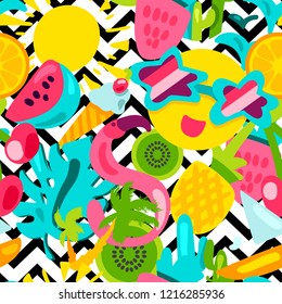 Vector Tropical Summer Seamless Pattern in doodle style with shape. Fruits and berries. Girl fashion sweet ornament design. Nice cartoon background. Fun wrap