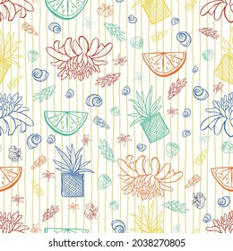 Vector tropical summer seamless pattern with torch ginger flower, lime fruits, plant in basket and sea shells with stripes. Perfect for fabric, wrapping paper and wallpaper projects.