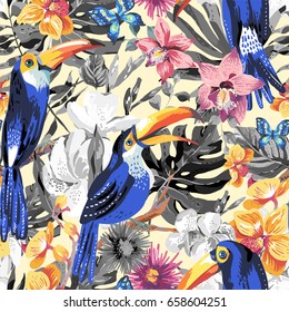 Vector tropical summer seamless pattern with toucan, butterflies, exotic flowers and leaves. Natural floral illustration. 