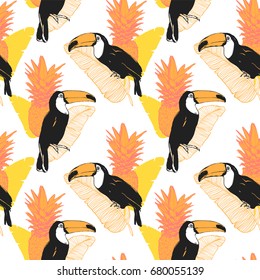 Vector tropical summer seamless pattern with toucan, banana leaves and ananas