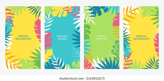 Conjunto vectorial de verano tropical de plantillas de diseño de historias en medios sociales. Estilo minimalista. Impresiones abstractas para plantillas de portada, carteles, fondos, embalaje, marca, publicidad.