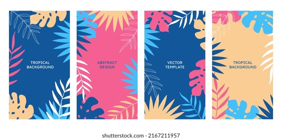 Vector tropical summer set of social media story design templates. Minimalist style. Abstract prints for cover templates, banners, backgrounds, packaging, branding, advertising.