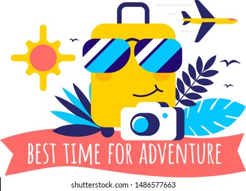 Vector tropical summer travel illustration with character suitcase in sunglass, air plane, camera, text on color background. Flat cartoon style bright creative design for web, travel agency banner