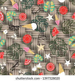 Vector tropical summer vacation background, vintage retro beach and relaxation seamless  pattern. with beach elements, fruit and flowers on bamboo mat.