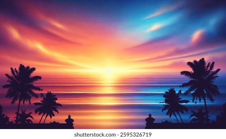 Vector Tropical Sunset Over the Ocean with Palm Trees Silhouettes and Vibrant Sky