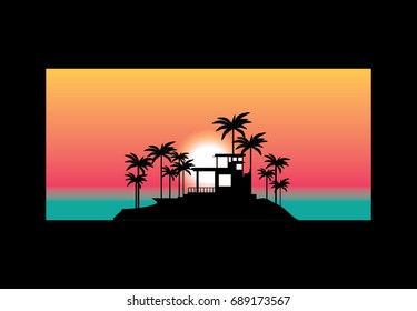 vector tropical sunset over palm trees and house on the island