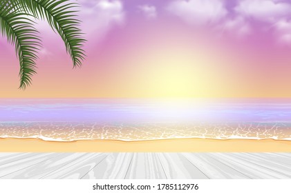Vector tropical sunset seascape background mockup with wooden table and palm branches