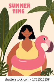 Plantilla tropical vectorial con flotador inflable de piscina flamingo y chica en traje de baño. Hermosa ilustración vectorial.