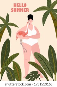 Vector tropical template with a girl in a swimsuit holding a flamingo. Beautiful vector illustration.