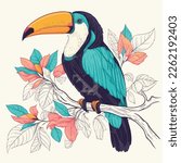 Vector The tropical toucan perch on the branch with colorfull body illustration