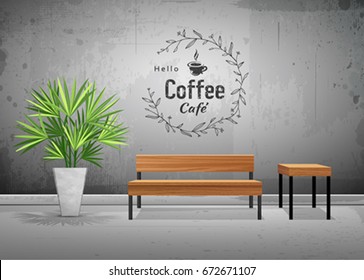 Vector tropical tree in cement pots with wooden chair in coffee cafe wallpaper background, illustration