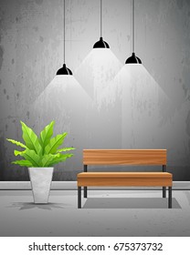 Vector tropical tree in cement pots with wooden chair in and black ceiling lamp wallpaper background, illustration