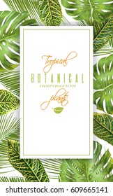 Vector tropical vertical banner with monstera and croton leaves. Exotic design for cosmetics, spa, health care products. Can be used as wedding or summer background. Best for wallpaper, fabric