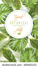 Vector tropical vertical banner with monstera and croton leaves. Exotic design for cosmetics, spa, health care products. Can be used as wedding or summer background. Best for wallpaper, fabric
