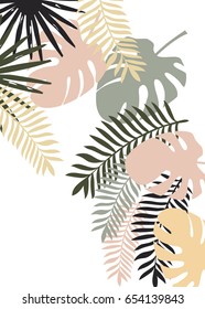 Vector tropical vertical banner with monstera and other tropical flat leaves. Exotic background design. Can be used as a wedding or a summer background. Best for wallpaper, fabric