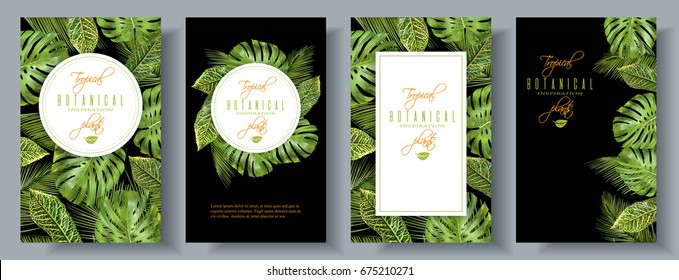 Vector tropical vertical banners set with monstera and croton leaves on black. Exotic design for cosmetics, health care products. Can be used as wedding or summer background. Best for spa packaging