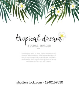 Vector tropical white floral seamless background wallpaper with leaf border. Exotic design for cosmetics, textile. Can be used as wedding card or summer background. Best for spa packaging.