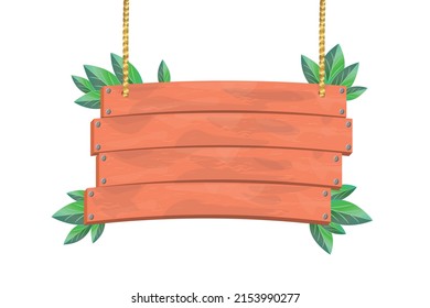 Vector Tropical Wooden Sign Board Hanging Jungle Wood Frame Banner, UI Game Cartoon Menu Panel. Information empty pointer object, GUI exotic announcement boulder Isolated on White Wooden sign Template