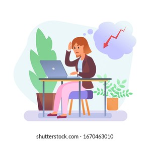 Mujer joven con problemas vectoriales trabajando con laptop