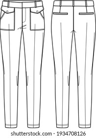 Vector trousers with pockets fashion CAD, woman tailored trousers technical drawing, template, flat, sketch