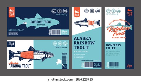 Vector trout labels and packaging design concepts. Rainbow trout fish illustrations. Flat style seafood labels for groceries, fisheries, packaging, and advertising