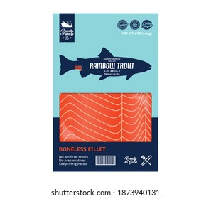Vector trout packaging design. Flat style seafood label. Raw trout fillet in a package isolated on a white background