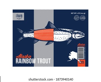 Vector trout packaging or label design. Modern style seafood label. Trout fish illustration