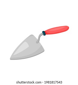 Vektor Trowel für Bauarbeiten und Stachellegen. Stahlmason-Werkzeug für Ziegelschicht und Baukasten mit rotem Griff.Cartoon Spatula für das Planieren. Einzeln auf weißem Hintergrund.