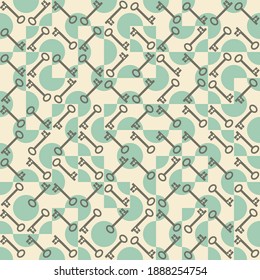 Vector truchet geometric door key and circles seamless pattern background. Retro color backdrop with random tiled circular shapes and vintage keys. Repeat for freedom or moving house concept