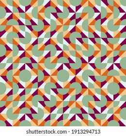 Vector truchet geometric seamless pattern background. Retro multicolor backdrop with random tiled triangular, rhombus and circle shapes. Layered blend effect. Midcentury repeat for print and home