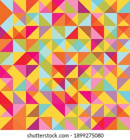 Vector truchet geometric triangle seamless pattern background. Bright candy color backdrop with random tiled triangular and rhombus shapes in orange, red, pink, blue, yellow. Modern fun all over print