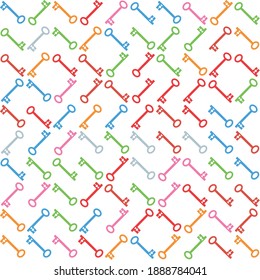 Vector truchet style geometric door key seamless pattern background. Fun colorful random bright keys on white backdrop. Red, green, orange objects. Repeat for freedom, unlocking concept, new home