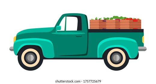 Vector truck carrying fresh ripe tomato, cabbage, eggplant, beetroot vegetable crop in trunk isolated on white background. Autumn natural vegan food harvest. Transportation for sale on local market