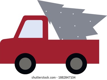 vector truck with a Christmas tree in the trunk. red cruiser carrying a gray christmas tree