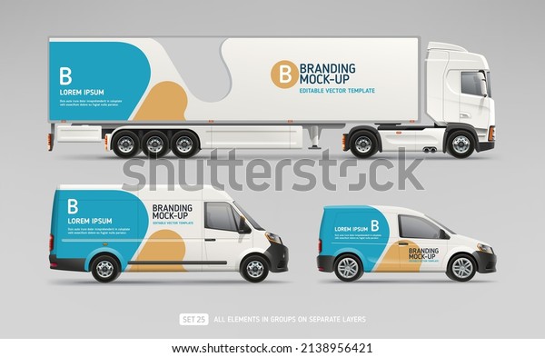 Vector Truck, Company Van, Delivery Car with\
branding design - realistic mock-up set. Abstract geometric\
graphics design for Business Corporate identity. Company Cars.\
Delivery Transport\
mockup