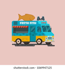 Vector truck illustration with big fish. Street food delivery. EPS 10