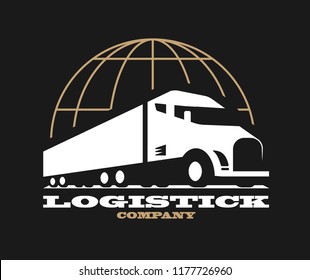 Vector truck logo. Emblem, banner, logotype of the logistics center, delivery, freight, heavy cargo. Black and white color. Monochrome style.