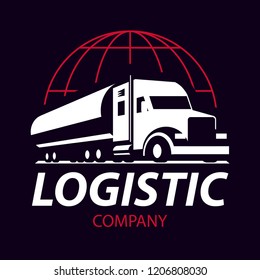 Vector truck logo. Emblem, banner, logotype of the logistics center, delivery, freight, heavy cargo. Black and white color. Monochrome style.