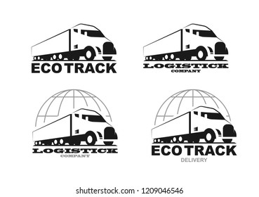 Vector truck logo. Emblem, banner, logotype of the logistics center, delivery, freight, heavy cargo. Black and white color. Monochrome style.