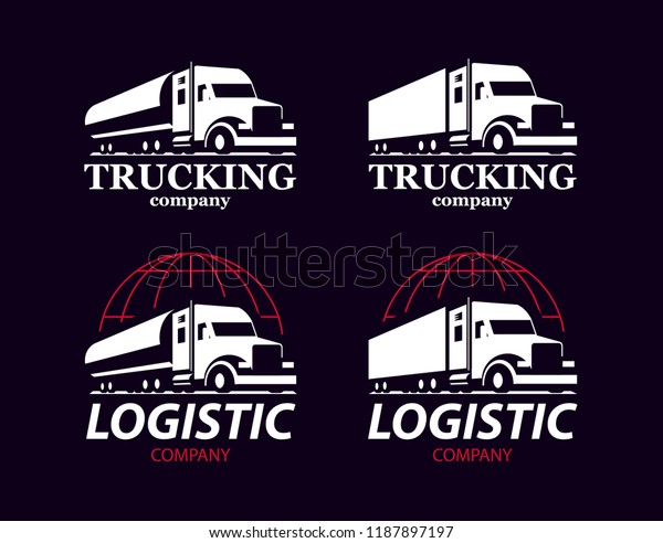 Vector truck logo. Emblem, banner, logotype of\
the logistics center, delivery, freight, heavy cargo. Black and\
white color. Monochrome\
style.\
