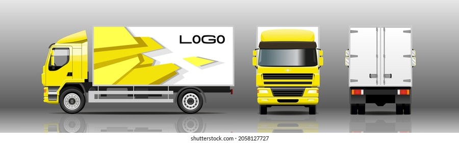 Vector truck, lorry; front, side, back view. Template truck for advertising, tk. Ready print wrap design for truck. Urban cargo transportation over short distances. Modern flat vector illustration.