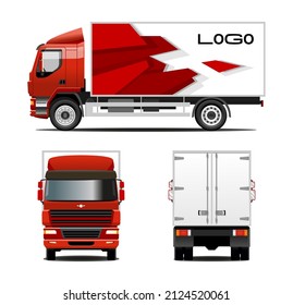 Vector truck, lorry; front, side, back view. Template truck for advertising, tk. Ready print wrap design for truck. Urban cargo transportation over short distances. Modern flat vector illustration.