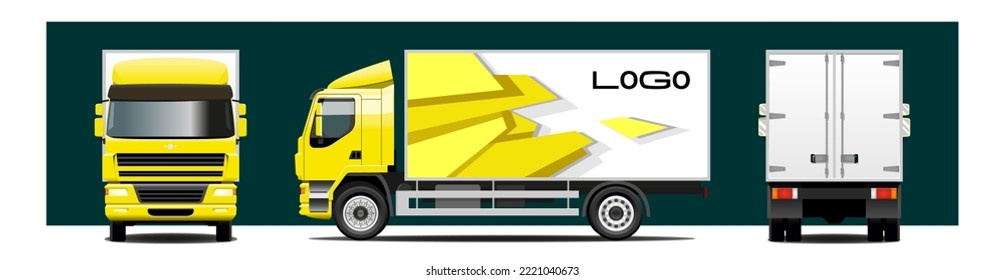 Camión vectorial, camión; vista frontal, lateral, trasera. Camión de plantilla para publicidad, tk. Diseño de ajuste de impresión listo para camiones. Transporte urbano de carga a corta distancia. Ilustración vectorial plana moderna.