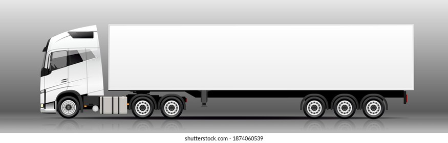 Vector truck, lorry, semitrailer, side view. White blank template truck, semi-trailer for advertising. Freight transportation. Modern flat vector illustration.